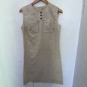 Vintage Cos Cob Womens Beige Sleeveless Shift Dress Mod Button Detail Size 12